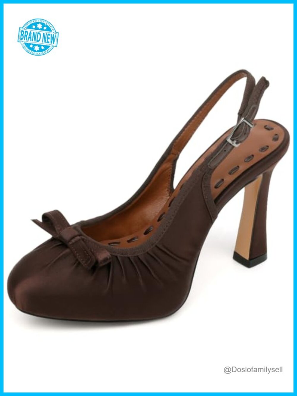 Satin Slingback Pumps Round Toe Chunky Heel Ballet Bow